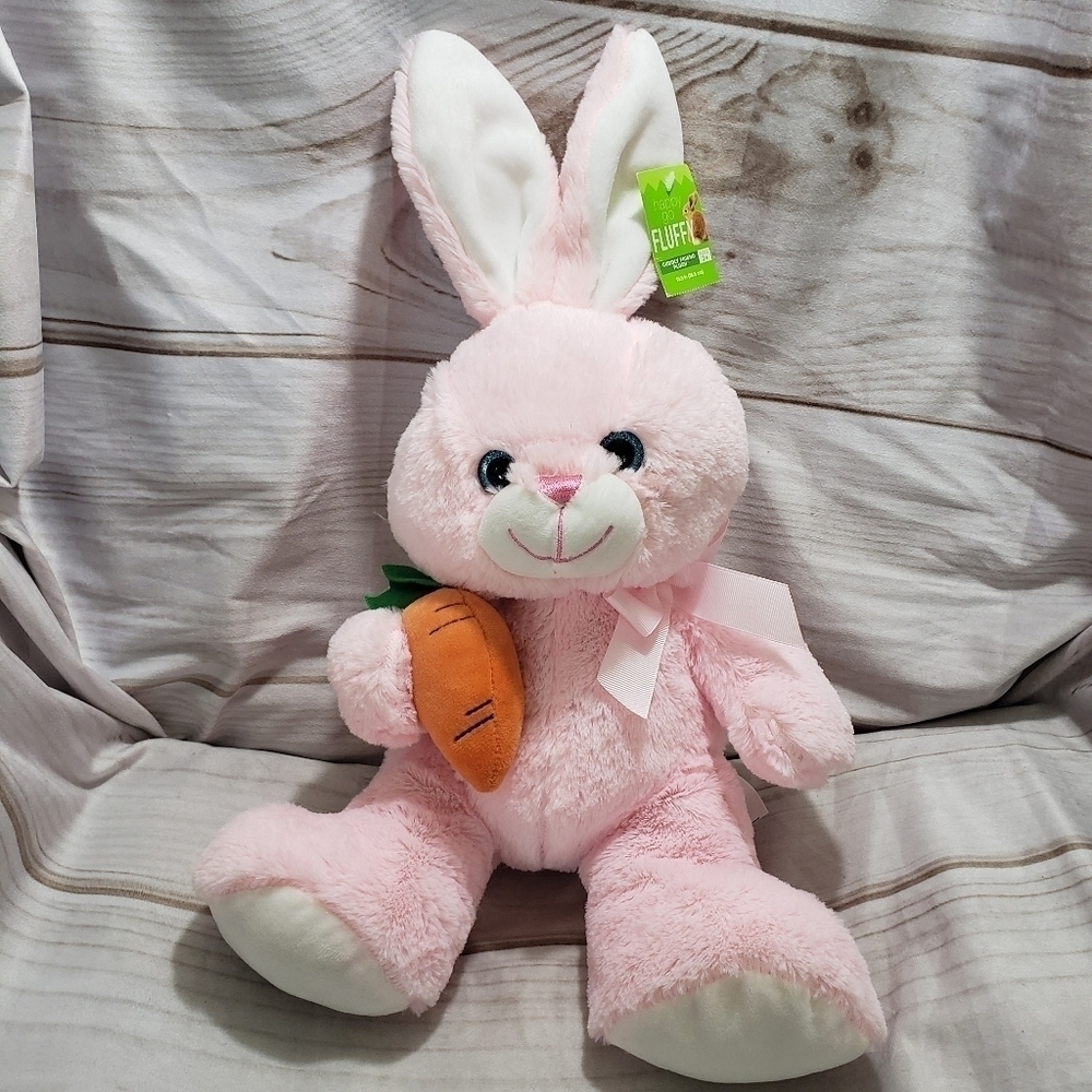 Hug Fun Pink White Bunny Rabbit With Carrot 10.5" Plush Stuffed Animal Blue Eyes